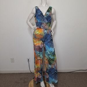 Cappagallo *NEW* Black Multi Tropical Bohemian V-Neck Wide Leg Jumpsuit Size S